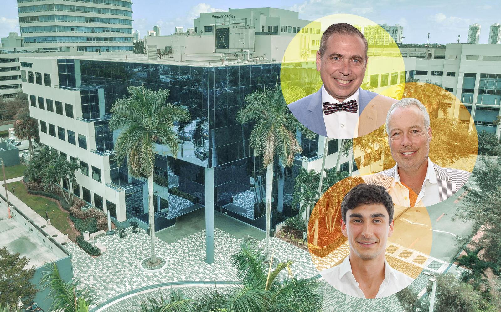 Clockwise from top: Kenneth, Robert and Bradley Fishel with Aventura Corporate Center (Getty)