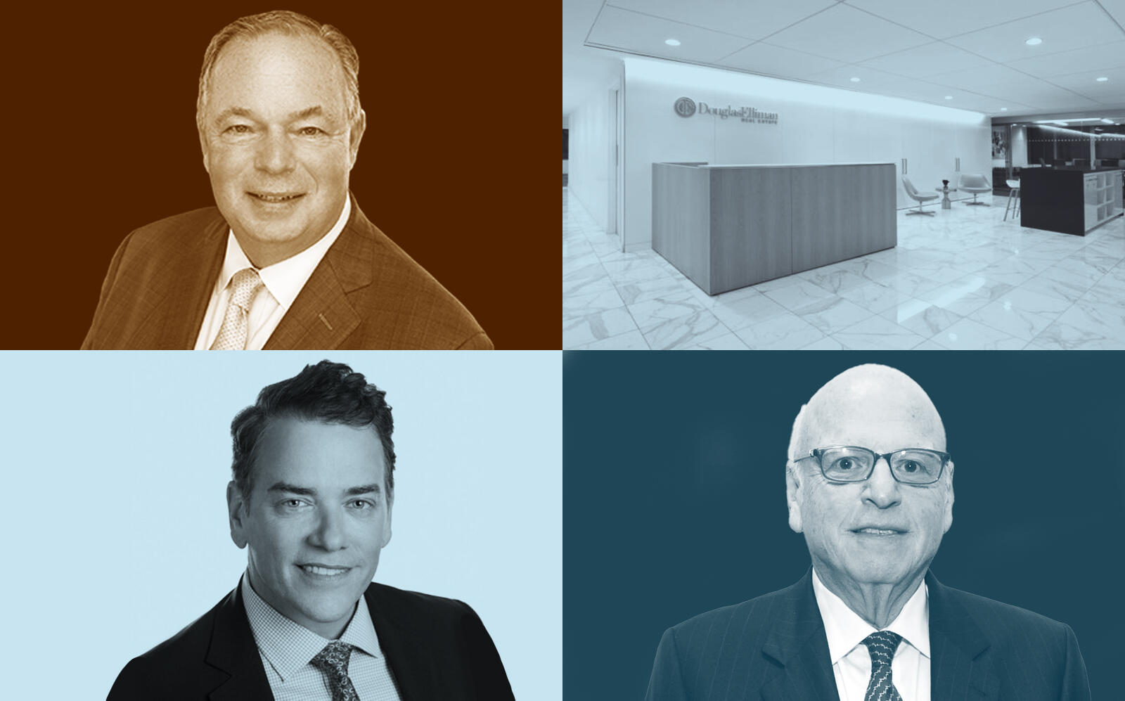 Clockwise from top left: Richard Ferrari, Elliman's flagship NYC office at 575 Madison Avenue, Elliman's Executive Chairman Howard Lorber and Elliman's president and COO Scott Durkin