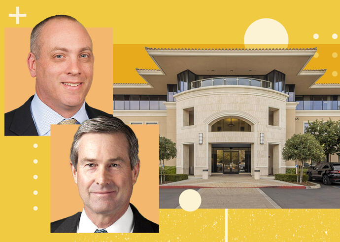 Amstar's Matthew Karp and Invesco's CEO Scott Dennis with 2945 Townsgate Road (Amstar, Twitter via CBRE, Crexi)