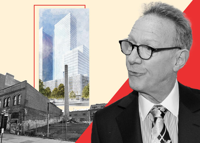 Continuum Company founder Ian Bruce Eichner and the former Spice Factory at 960 Franklin Street with a rendering of 960 Franklin Avenue (Getty, Google Maps, Continuum Company)