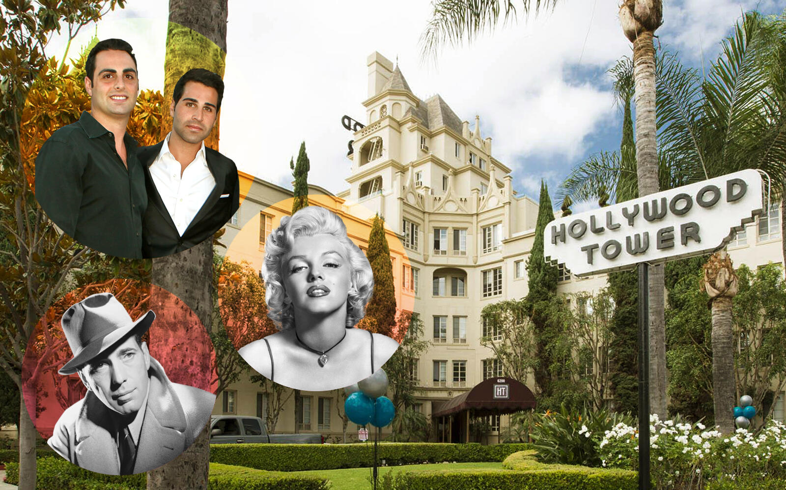 Steven and Alex Hakim, Marilyn Monroe and Humphrey Bogart with Hollywood Tower (Getty, Facebook via Hollywood Tower)