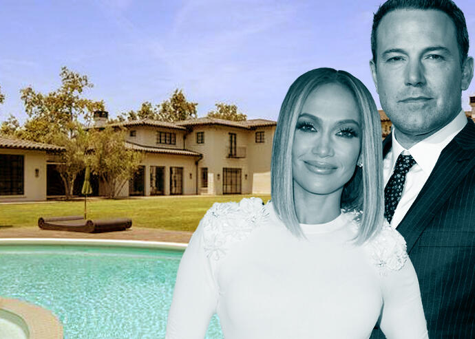 Jennifer Lopez and Ben Affleck with the Nile Niami mansion (Getty, Leverage Global Partners)