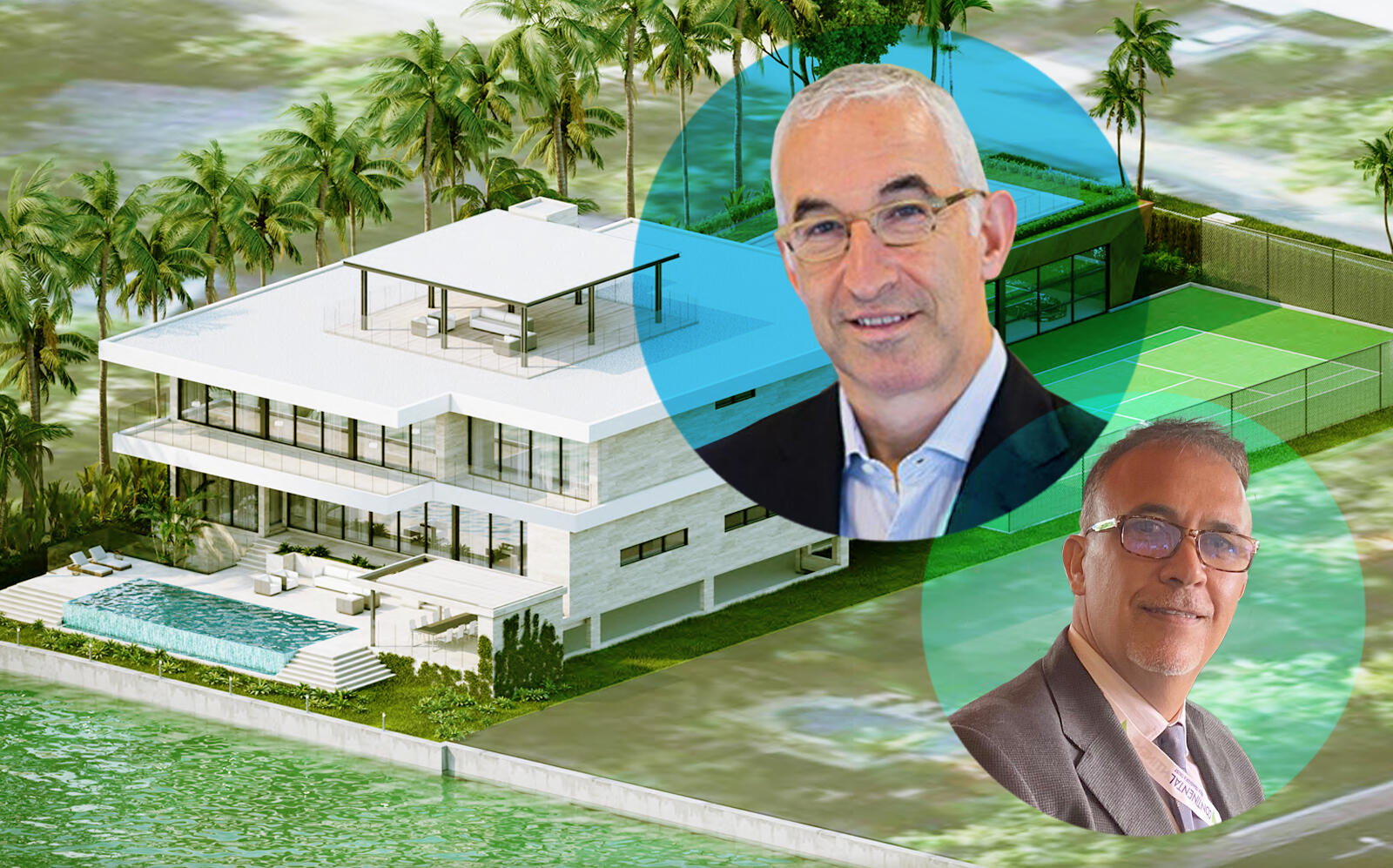 DataDirect Networks President Paul Bloch, Oceanfirst Realty principal Eddy Chabli and renderings of the house Bloch plans to build (DDN, Kobi Karp Architecture)