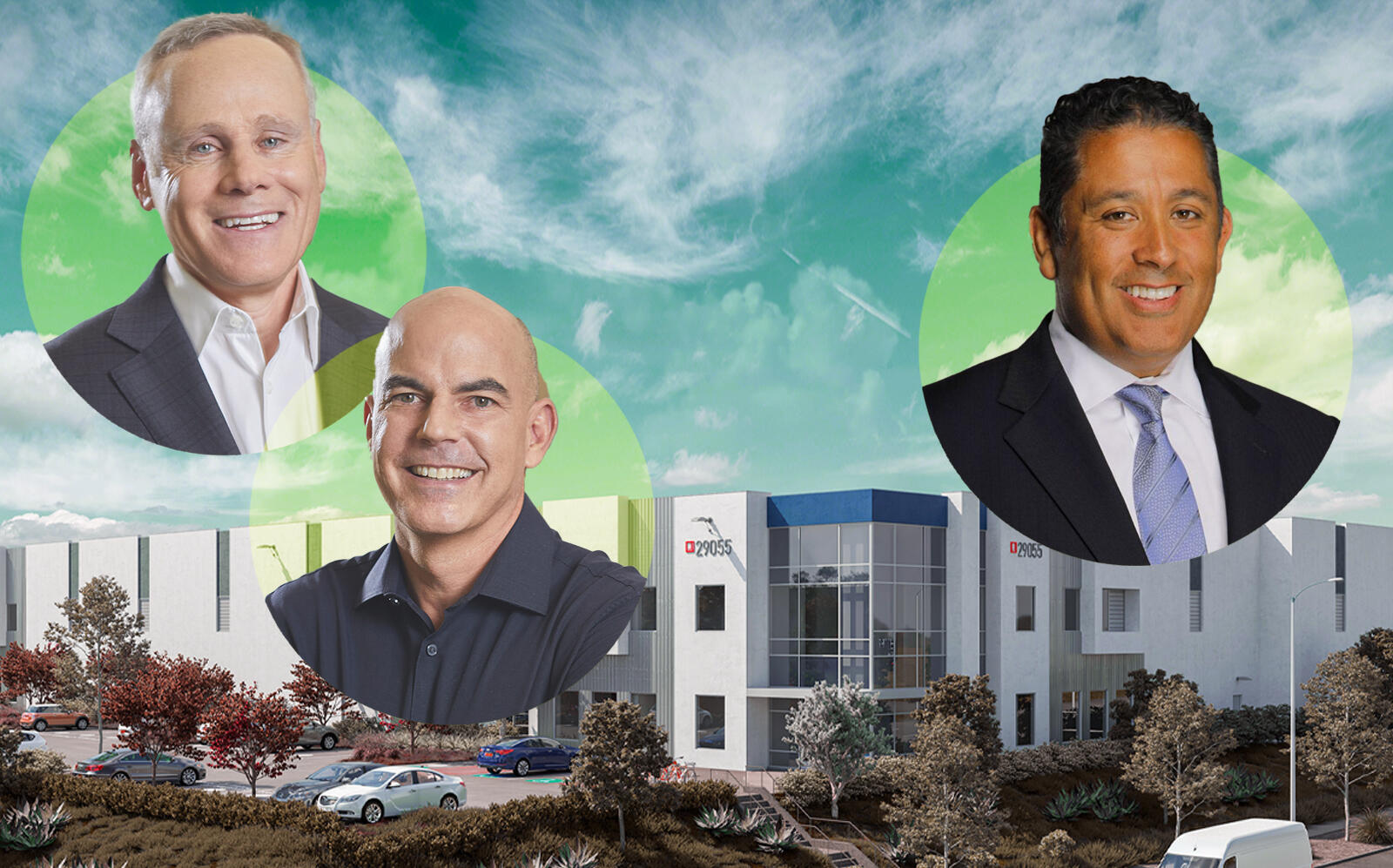 Rexford Industrial Co-CEOs Howard Schwimmer and Michael S. Frankel and Lief Labs CEO Adel Villalobos with a rendering of the project (Rexford, Lief Labs)