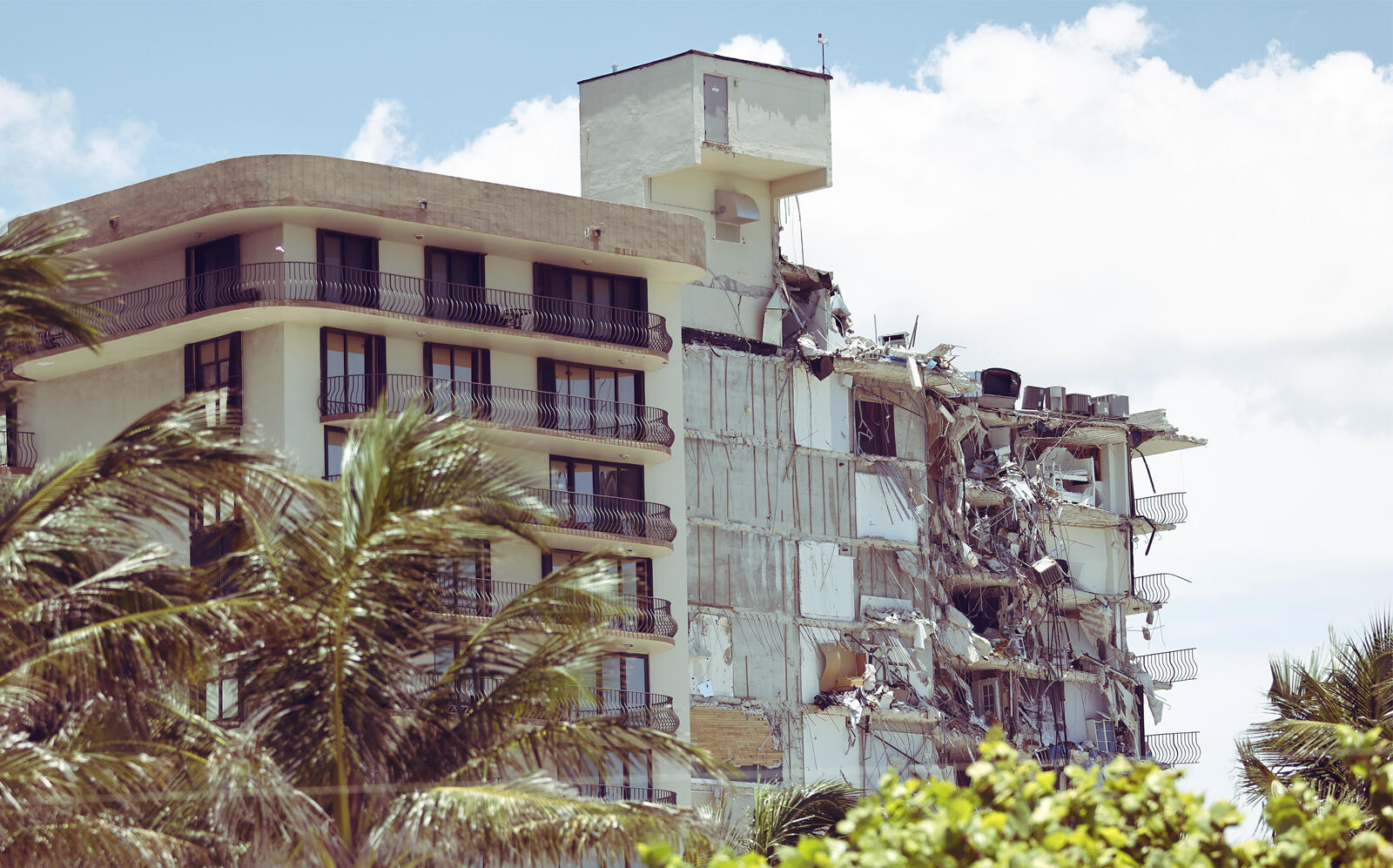 Champlain Towers South, before it was demolished late Sunday. The condo association had requested approvals from Surfside officials for repair work in the days leading up to the partial collapse. (Getty)