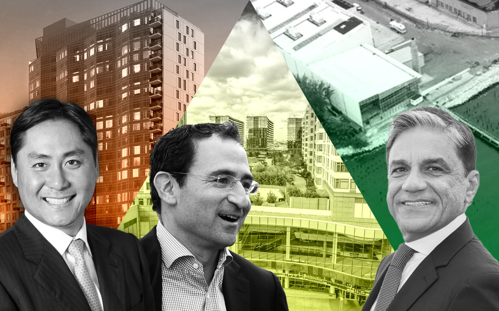 From left: Innovo Property Group CEO Andrew Chung with 1110 Oak Point Avenue, Blackstone’s Jon Gray with the  Skyview Mall and Joseph Moinian with 123 Linden Blvd (New York Expo Center, Innovo, The Moinian Group, Getty, Shops at Skyview)