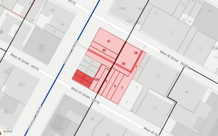 Extell's owned lots at Eighth Avenue and West 46th Street, highlighted in red