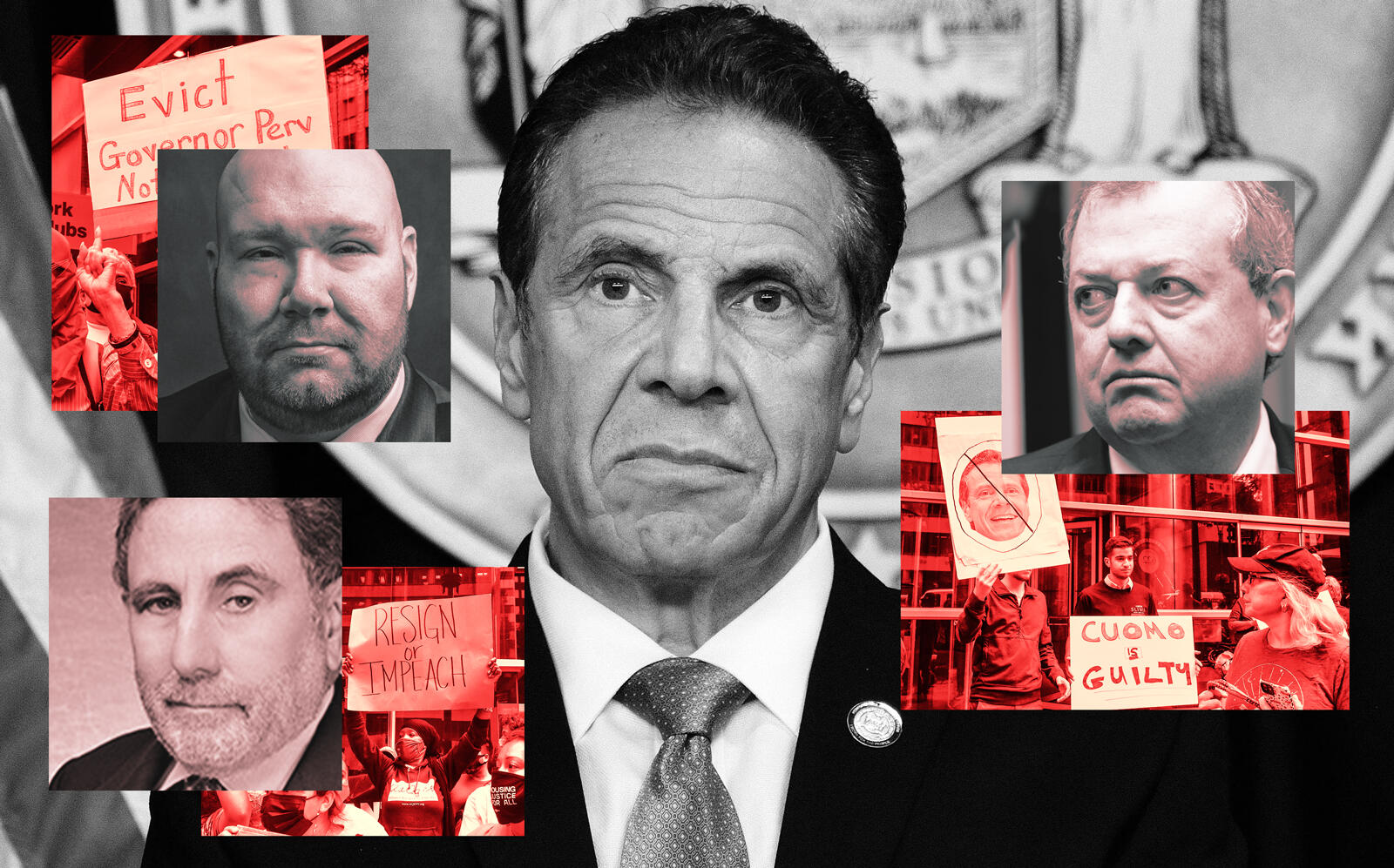 Gov. Andrew Cuomo. Inset: CHIP's Jay Martin, REBNY's James Whelan and GFP Real Estate's Jeff Gural (Getty)