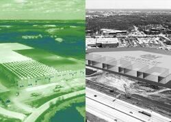 3835 Youngs Road and a rendering of the Abt Electronics warehouse in Glenview (Meridian Design Build via Vimeo, Abt)