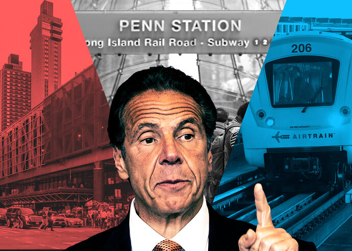 Andrew Cuomo with the Port Authority Bus Terminal, Penn Station, and AirTrain JFK (Getty, ajay_suresh via Flickr, Ad Meskens/Wikimedia)