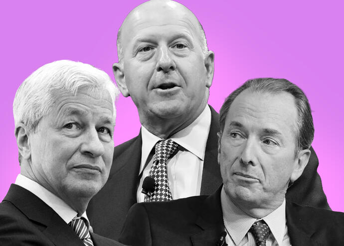 From left: JPMorganChase CEO Jamie Dimon, Goldman Sachs CEO David Solomon and Morgan Stanley CEO James Gorman (Getty)