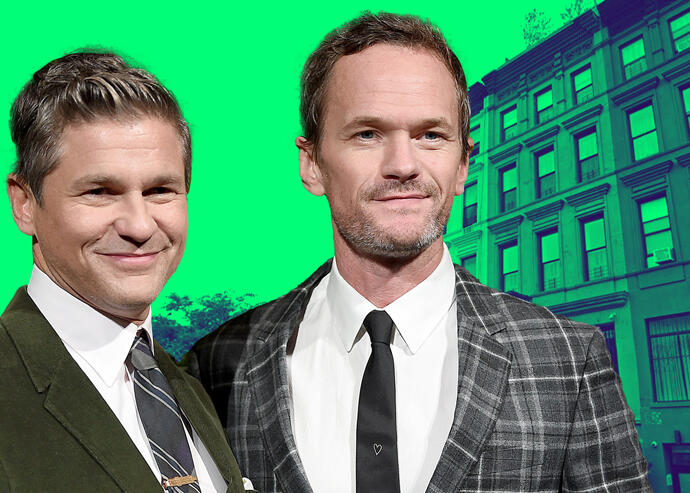 Neil Patrick Harris (right) and David Burtka with 2036 Fifth Avenue (Getty, Google Maps)