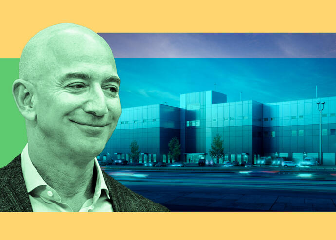 Peloton CEO John Foley with the Linden Logistics Center in Linden and Amazon CEO Jeff Bezos with the  JFK Logistics Center at 253-51 Rockaway Boulevard in Woodmere (Getty, Peleton, CBRE)