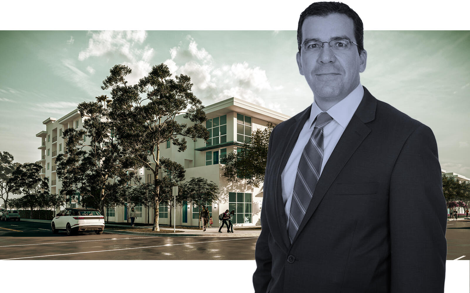 Office America Group Founder and CEO Ricardo Hernandez with a rendering of Deco Green (The Martin Architectural Group)