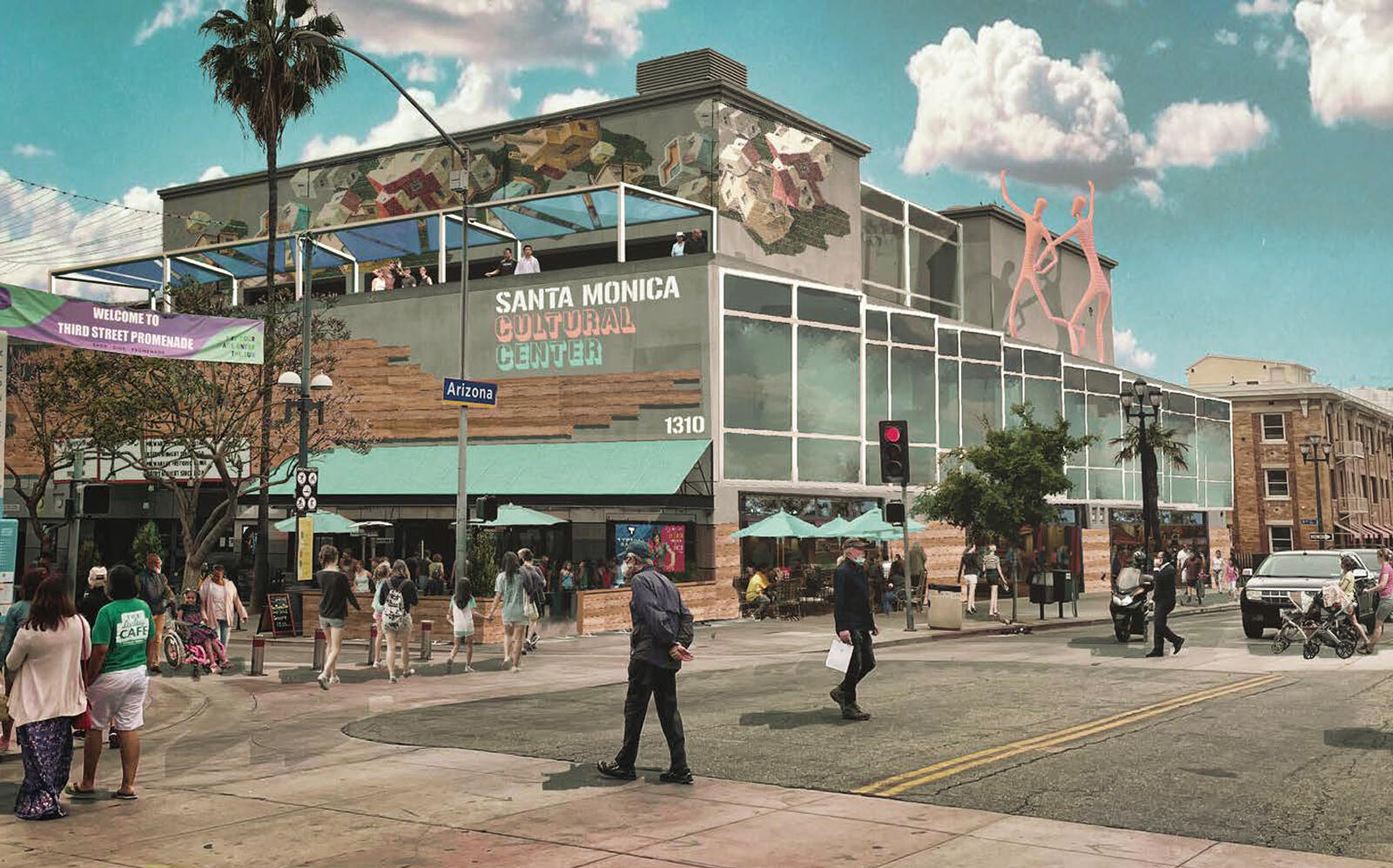 Renderings of Third and Arizona Town Square after the proposed Third Street Promenade Stabilization and Economic Vitality Plan (Downtown Santa Monica)