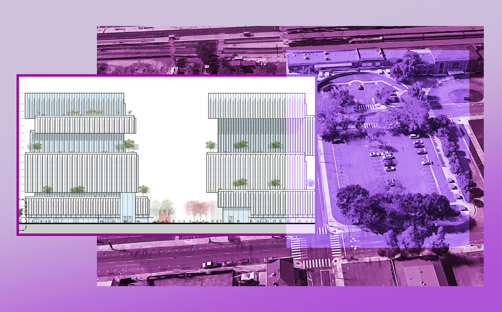 A conceptual drawing and aerial of the office project (Perkins & Will, Google Maps)