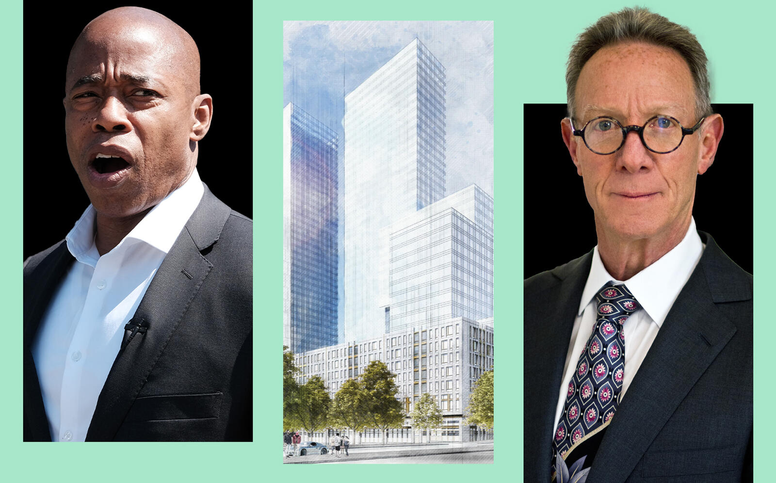 Eric Adams, Continuum’s Crown Heights towers and Bruce Eichner (Getty, Continuum)