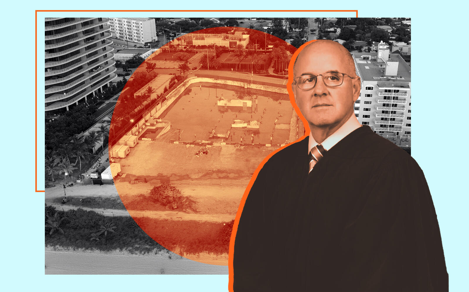 Judge Michael Hanzman and the site at 8777 Collins Avenue (Miami-Dade Circuit Court, Getty)