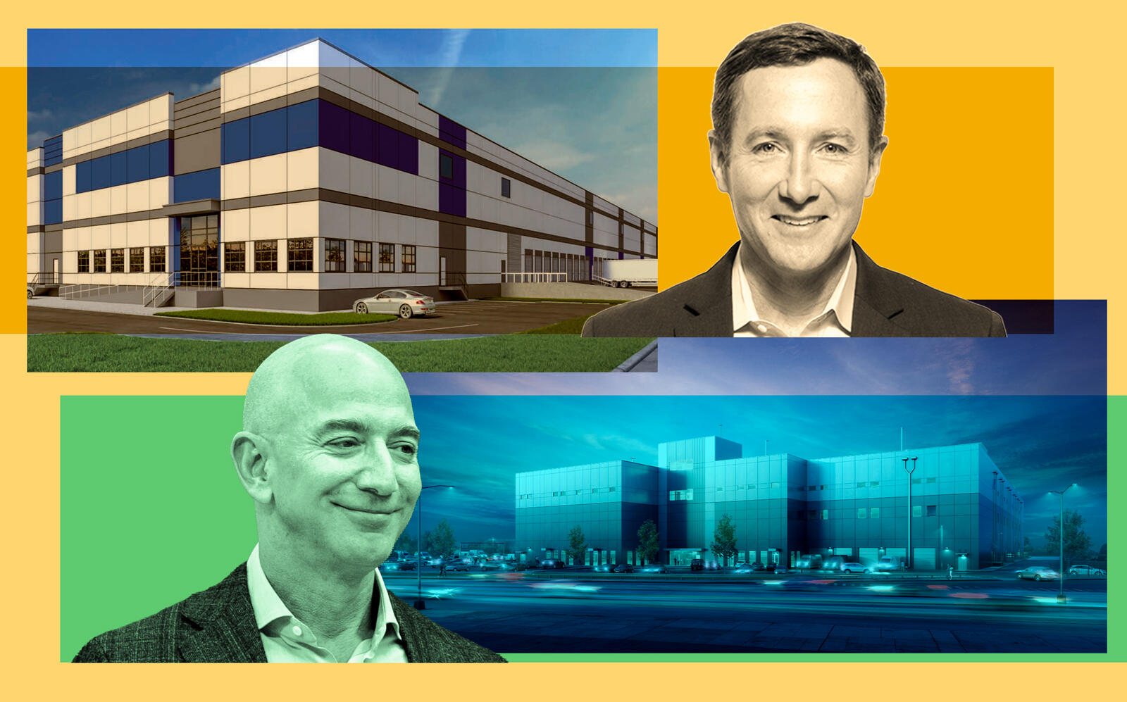 Peloton CEO John Foley with the Linden Logistics Center in Linden and Amazon CEO Jeff Bezos with the  JFK Logistics Center at 253-51 Rockaway Boulevard in Woodmere (Getty, Peleton, CBRE)
