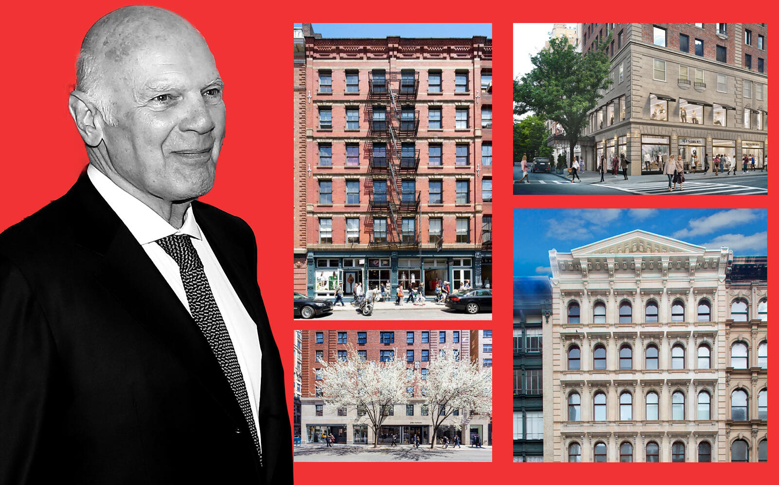 Vornado's Steve Roth with (clockwise from top left) 155 Spring Street, 828 – 850 Madison Avenue, 478-482 Broadway and 759 – 771 Madison Avenue (VNO, Getty)