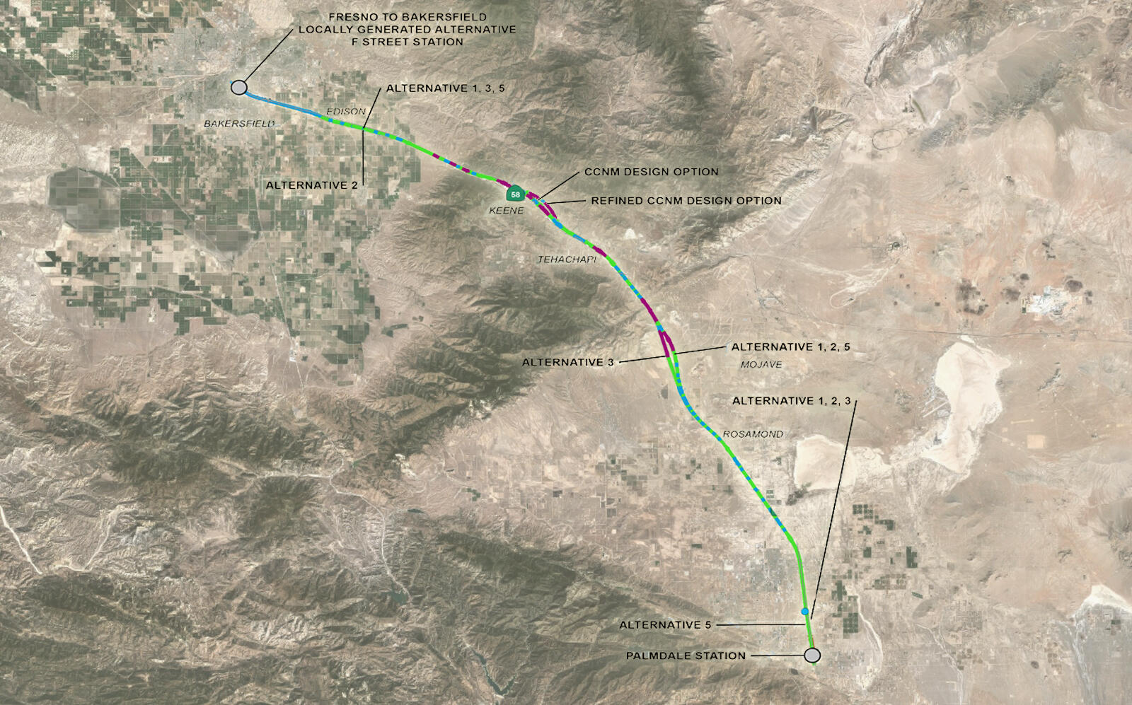 Map of the rail that would run from Bakersfield to Palmdale (Google Maps, California High Speed Rail Authority)