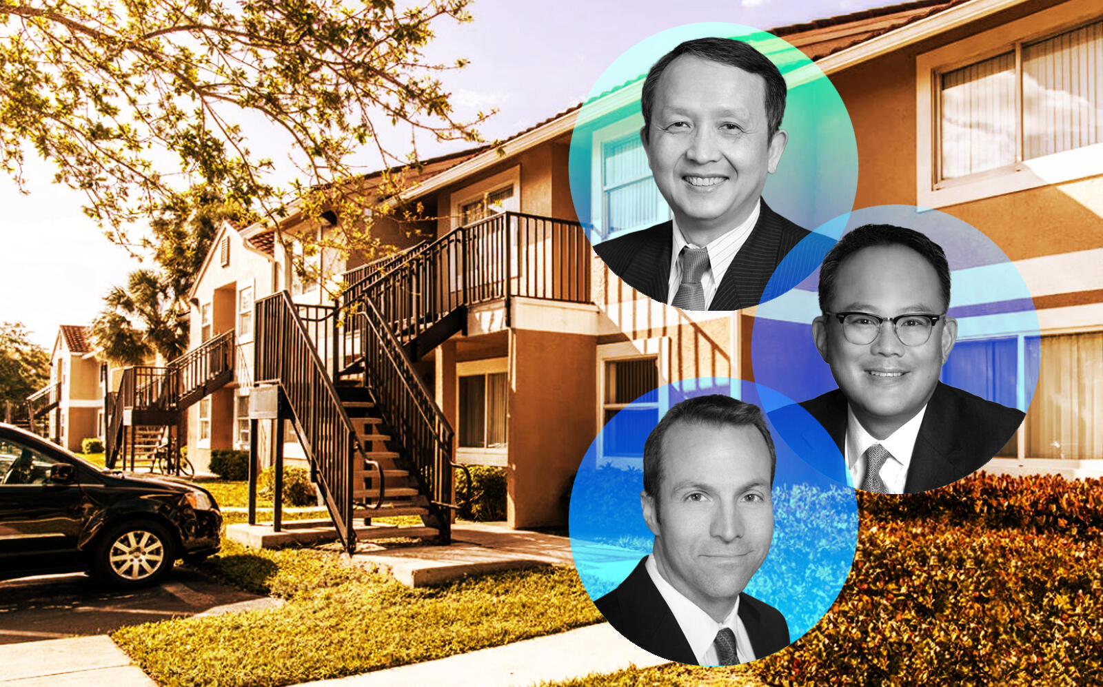 From top to bottom: Bascom Co-Founders and Principals Derek Chen, David Kim and Jerry Fink with the apartment complex (Bascom)