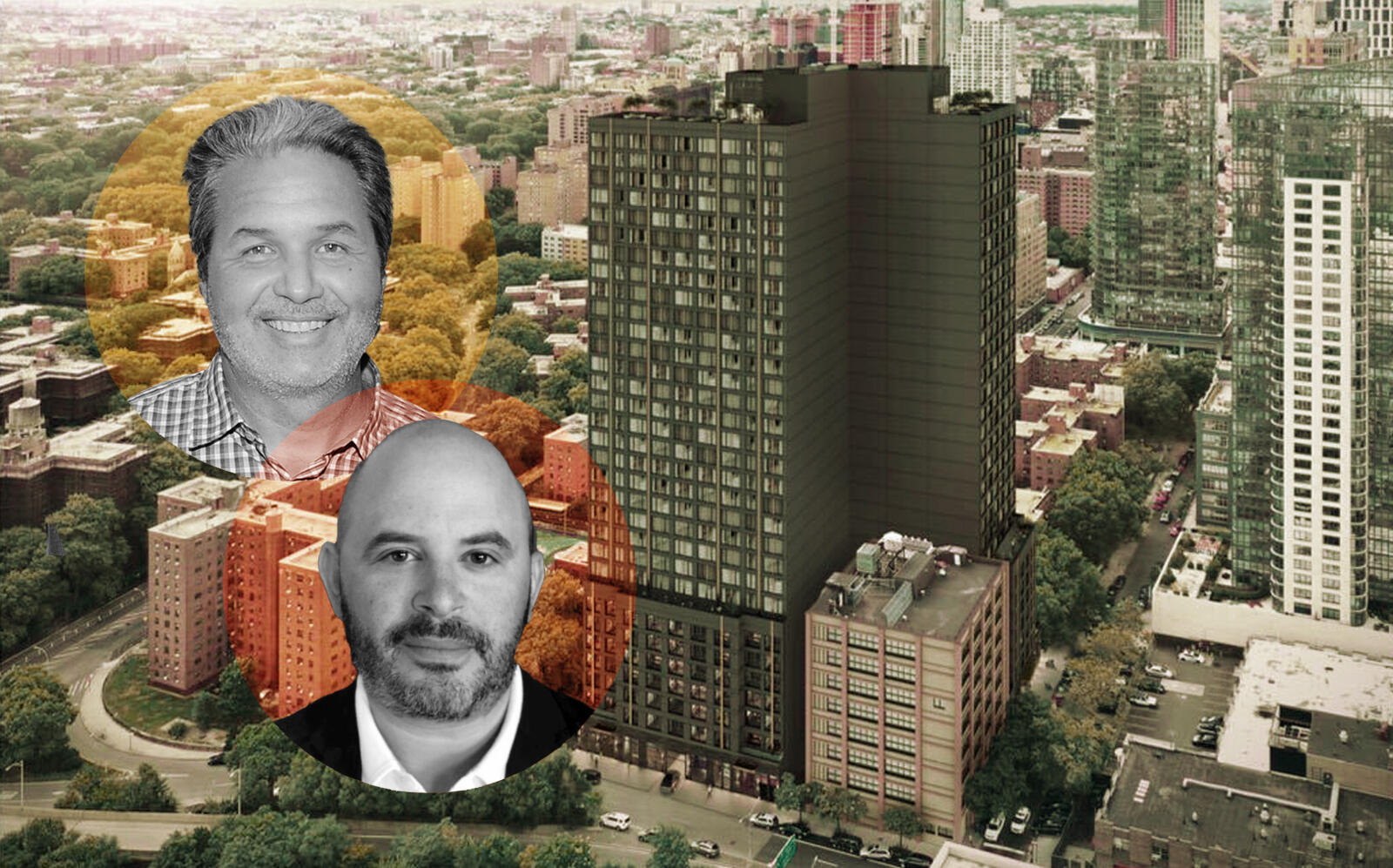 Maddd Equities's Jorge Madruga and Joy Construction's Eli Weiss with renderings of the project (Aufgang Architects, Getty, LinkedIn via Weiss)
