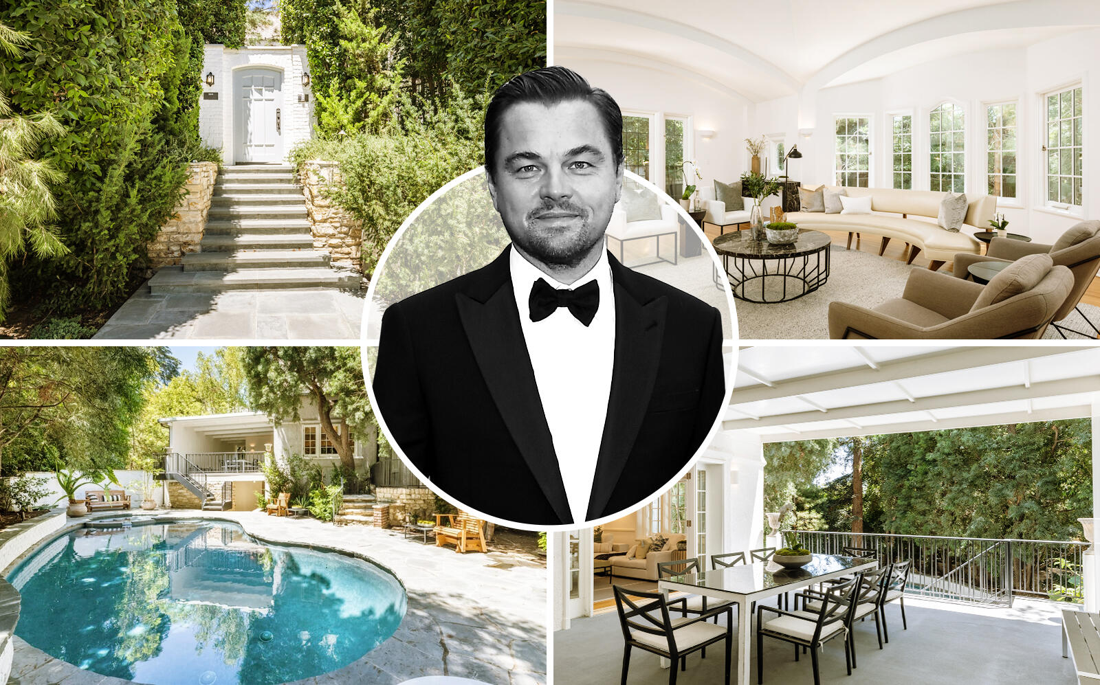Leonardo DiCaprio and the Los Feliz property (Getty, Hilton & Hyland, Redfin)