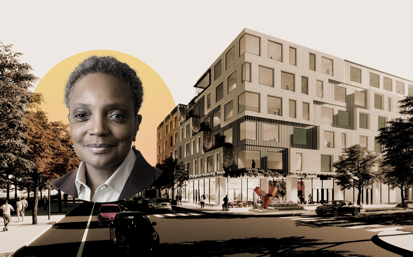 Mayor Lori Lightfoot and a rendering of United Yards, the most ambitious of the projects (City of Chicago)