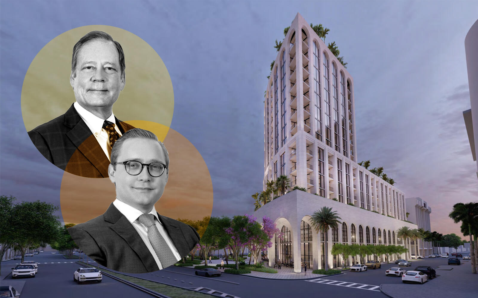 Allen Morris and Spencer Morris with renderings of Ponce Park Residences in Coral Gables (Oppenheim Architecture)