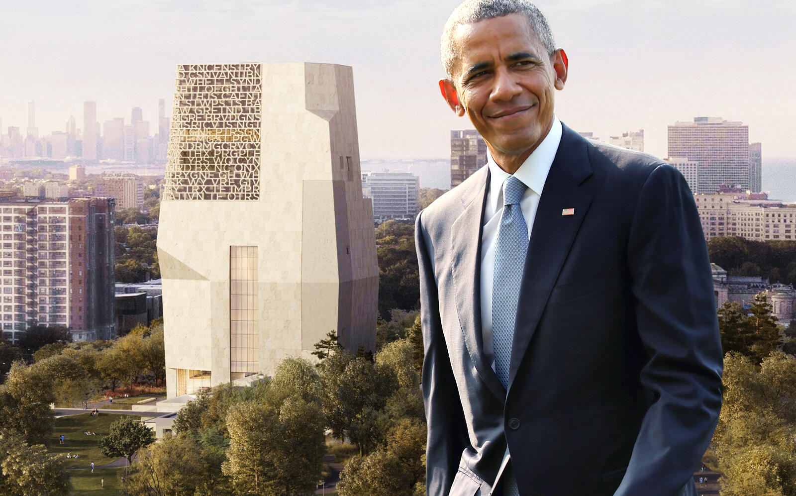 Barack Obama with a rendering of the Obama Presidential Center. (Getty, Obama)