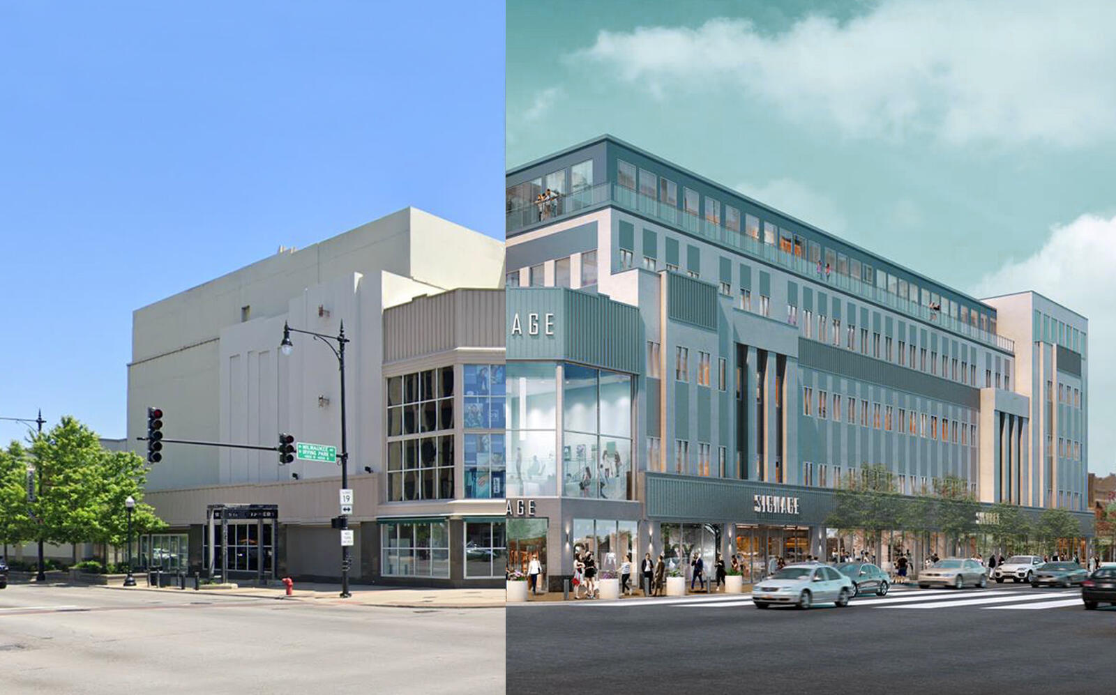 The current Sears building and the proposed development (CallisonRTKL)