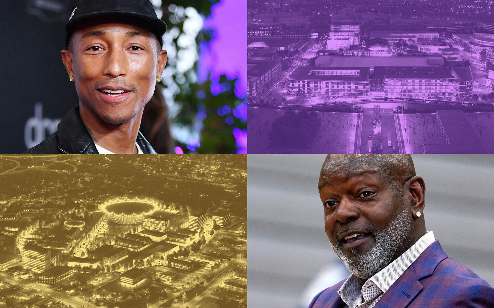 Pharrell Williams, Emmitt Smith and a rendering of two proposals of Military Circle Mall (Getty, Norfolk Development)