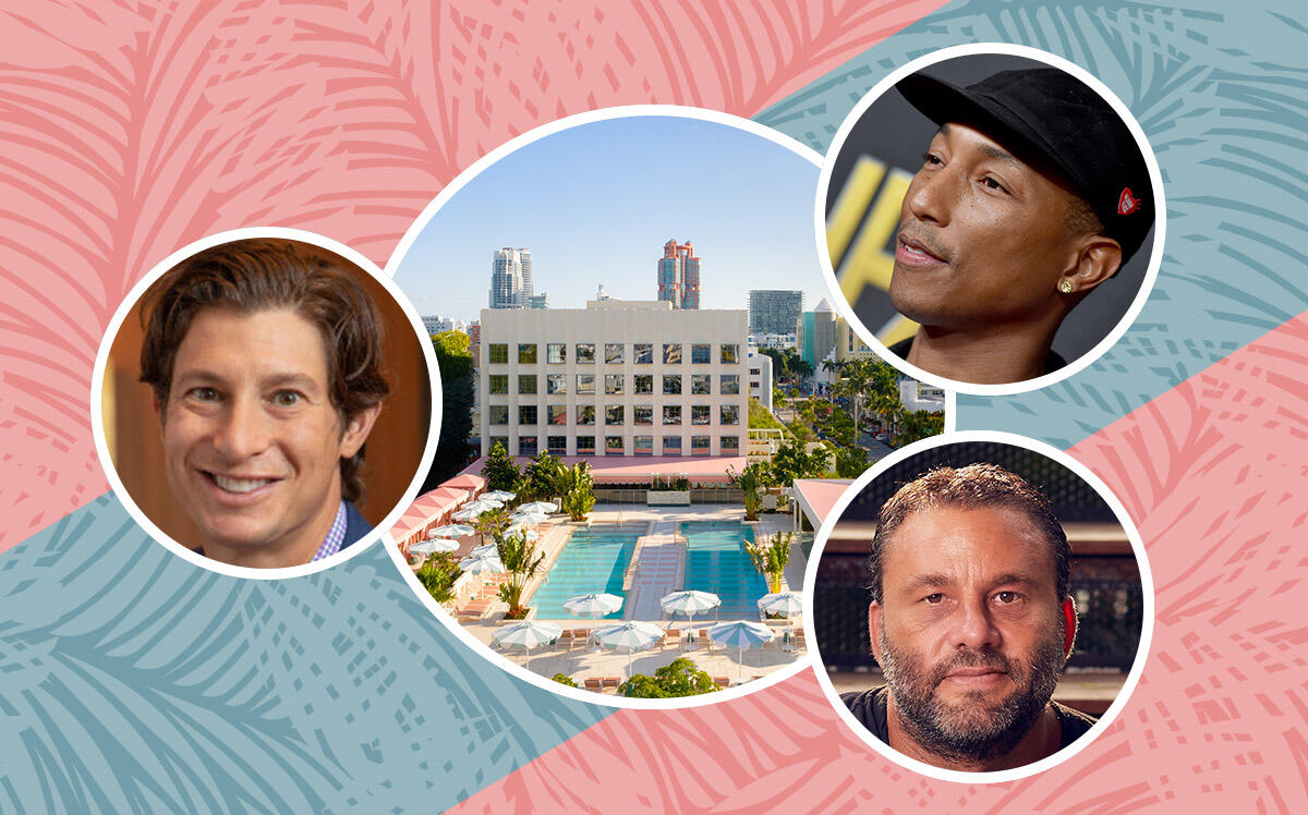 Eric Birnbaum, David Grutman &amp; Pharrell Williams with a view of the Goodtime Hotel (Getty Images, LinkedIn, iStock, Illustration by Kevin Cifuentes for The Real Deal)