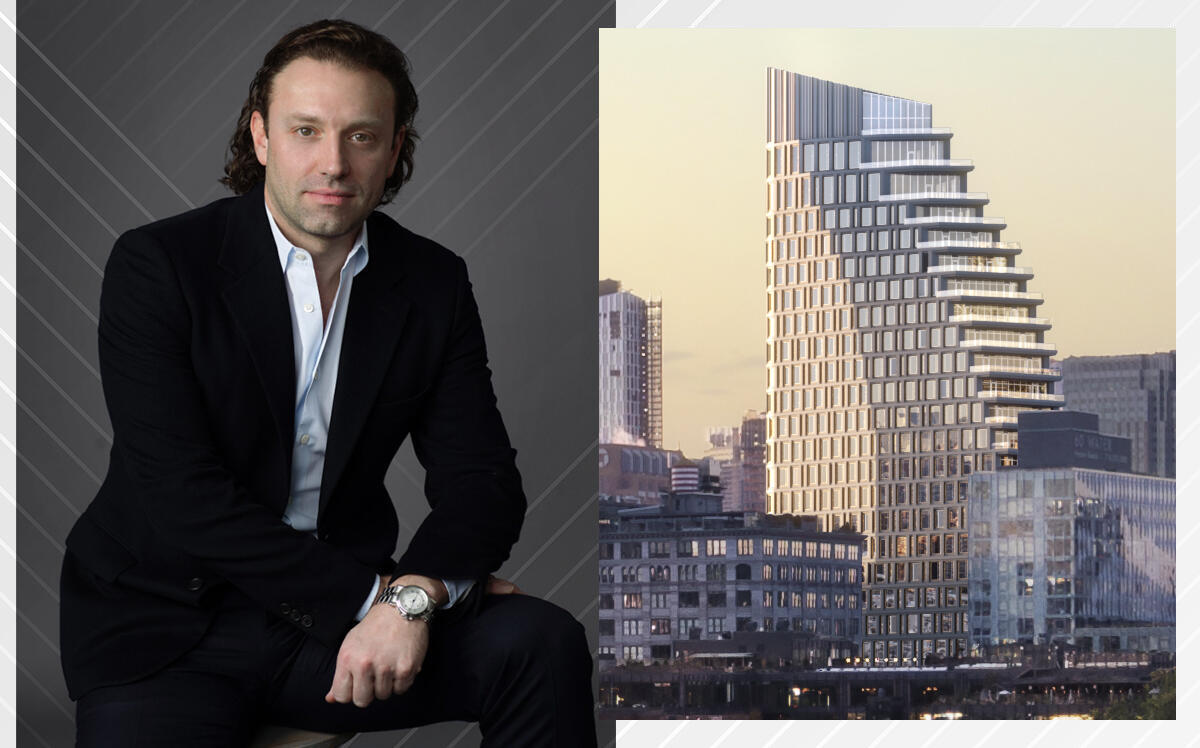 Fortis CEO Jonathan Landau and a rendering of Olympia Dumbo at 30 Front Street (Hill West Architects, Fortis Property Group)