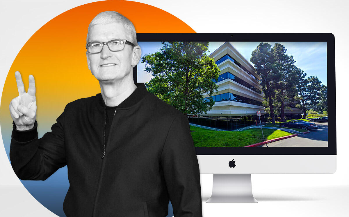 Apple CEO Tim Cook, and an office building at 10500 N. De Anza Blvd. in Cupertino. (Getty Images, Google Maps)
