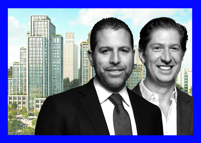 A rendering of River in Staten Island North with Madison Realty Capital co-founders Josh Zegen or Brian Shatz (FXCollaborative, Madison Realty Capital)