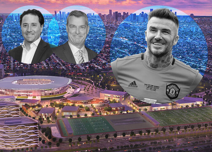 Ares Management co-founders Michael Aroughet and Antony Ressler with David Beckham and a rendering of the project (Getty, Freedom Park)