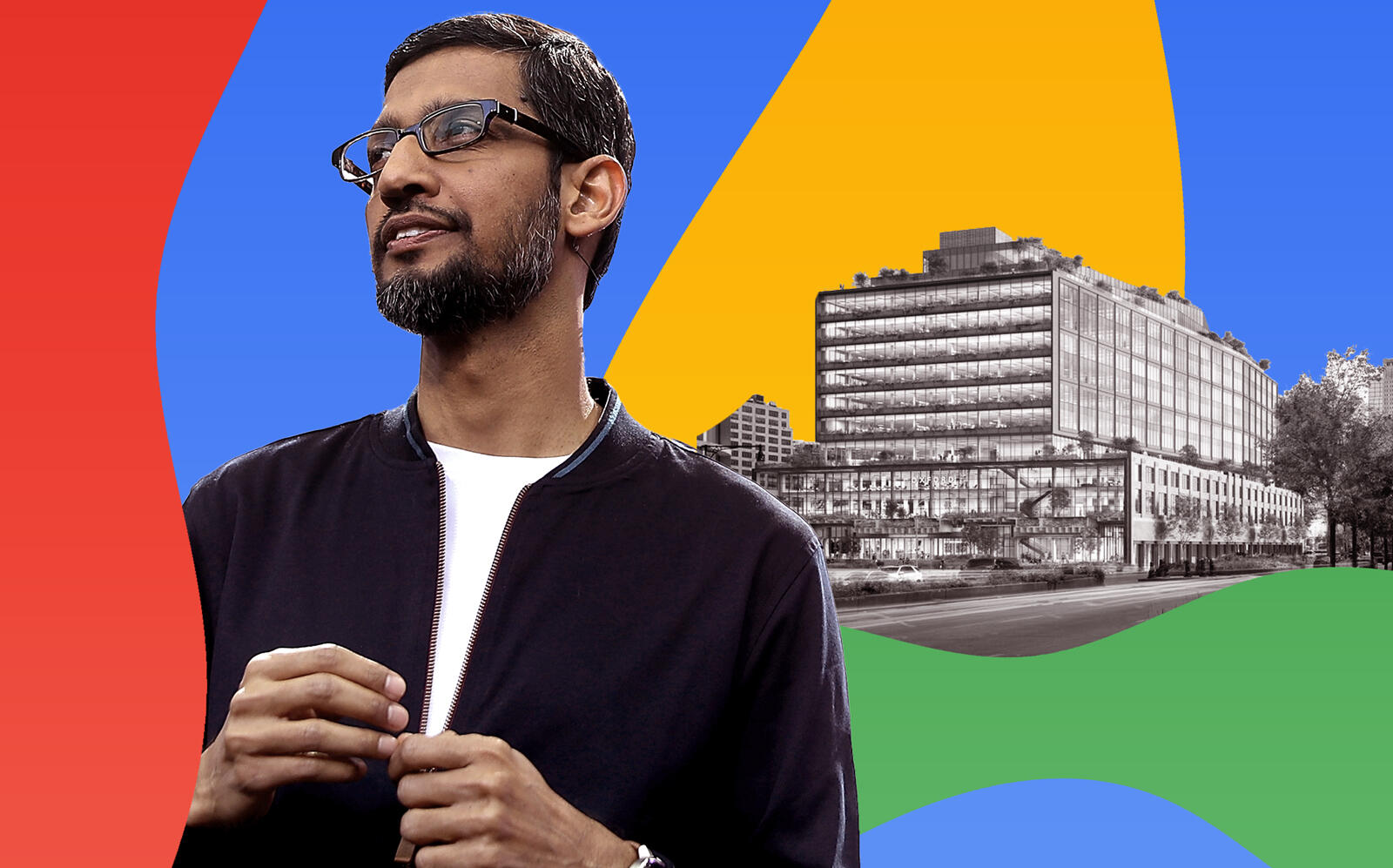 Google CEO Sundar Pichai and St. John’s Terminal at 500 Washington Street (Getty, COOKFOX Architects)