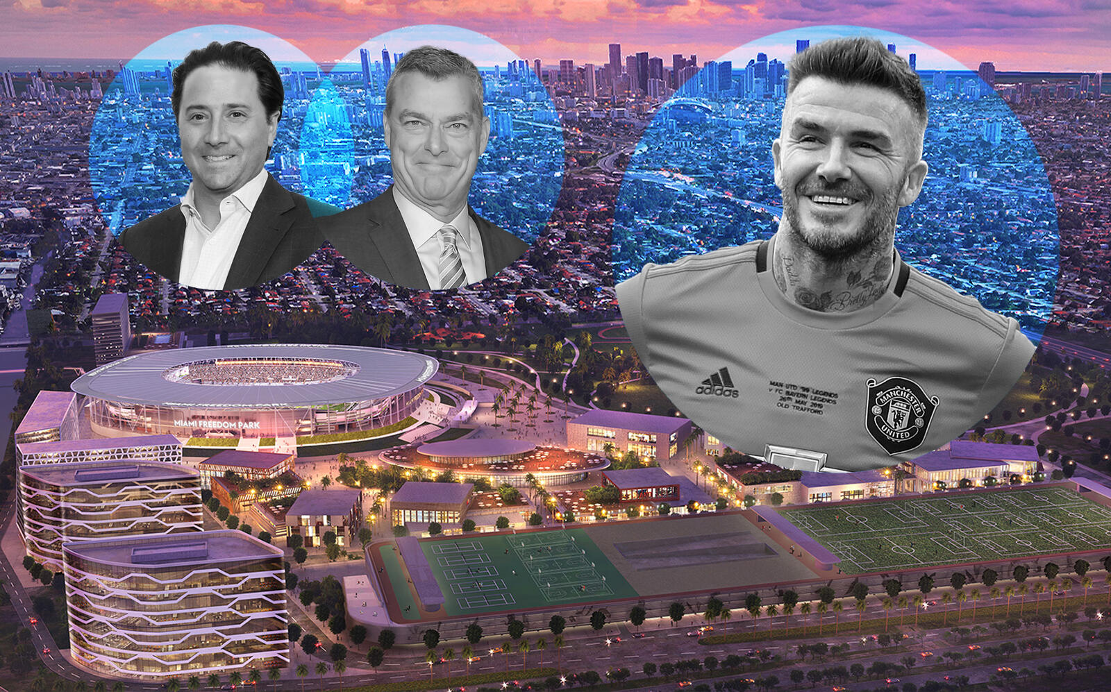 Ares Management co-founders Michael Aroughet and Antony Ressler with David Beckham and a rendering of the project (Getty, Freedom Park)