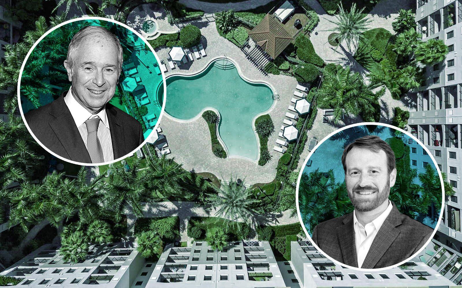 Blackstone chair, CEO and co-founder Stephen Schwarzman and RangeWater Real Estate CEO Steven Shores with the complex (Getty, LinkedIn via Shores, One Boynton)