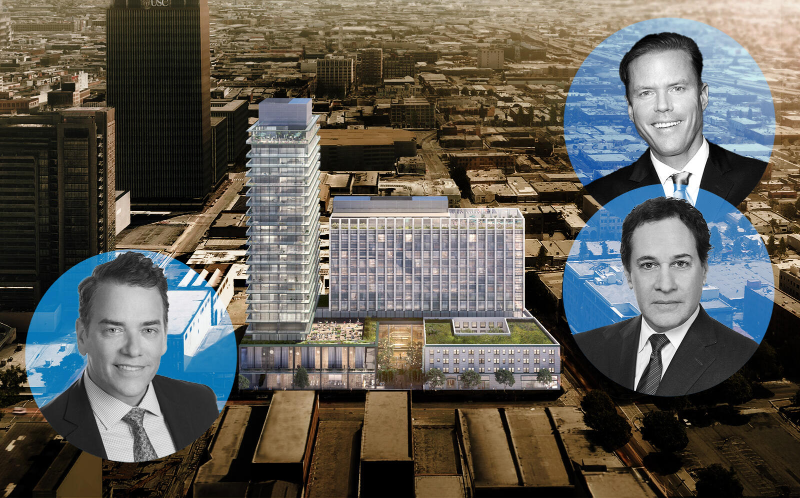 Douglas Elliman CEO Scott Durkin and Relevant Co-Founder Grant King and CFO Andrew Shayne with an aerial view of the project (Elliman, Relevant)