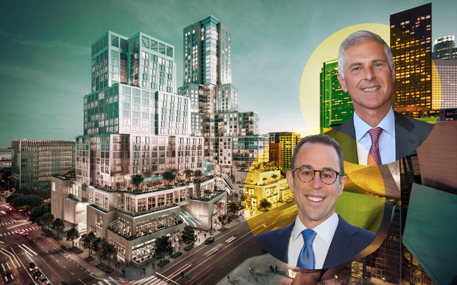 Hilton President and CEO Christopher J. Nassetta, Related Companies CEO Jeff T. Blau and a rendering of the project (Related, Getty)