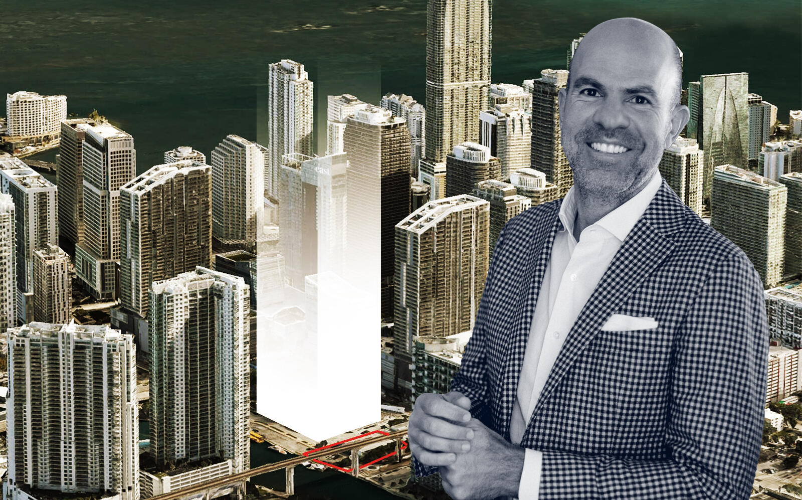 Harvey Hernandez and a rendering of his Brickell project