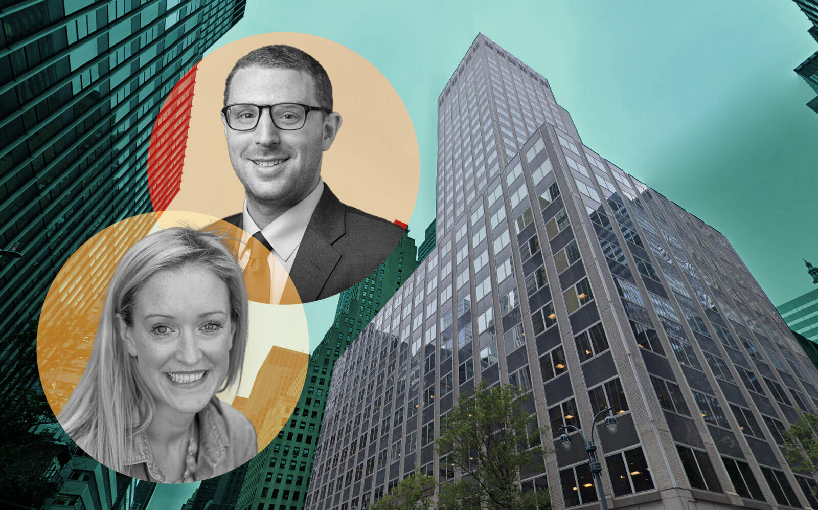 Brian Wallick, director of New York office investments at Nuveen Real Estate and Jessica Bailey of Greenworks Lending with 730 Third Ave (Nuveen, Google Maps)