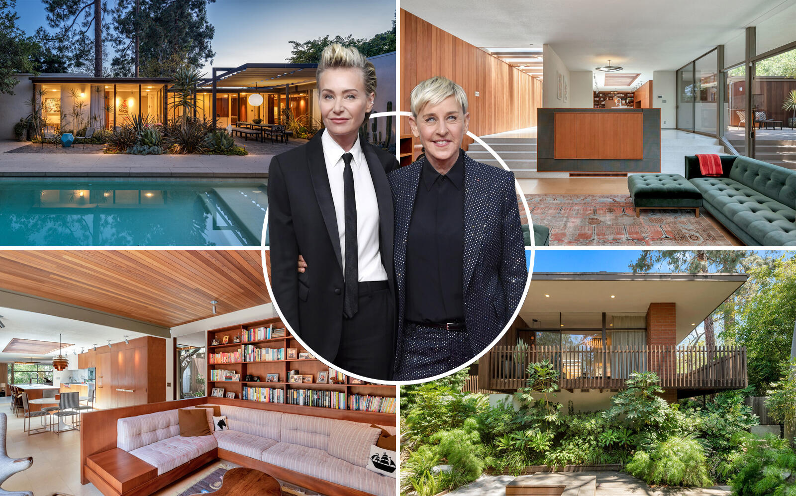 Ellen DeGeneres and Portia de Rossi with the mid-century home (Getty, Compass)