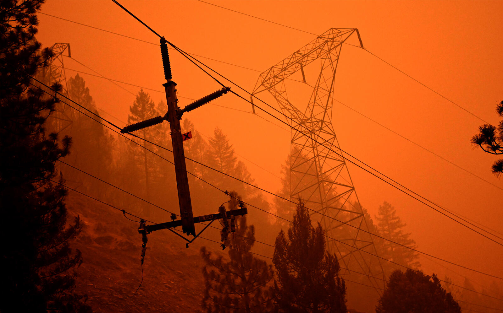 Power lines that were partially burned by the Dixie fire (Getty)