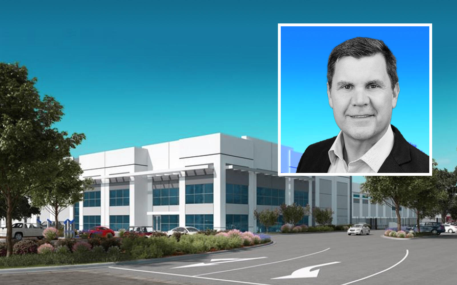 Senior Managing Director at CBRE Global Gary Jaye and a rendering of the Tracy Logistics Center (CBRE)