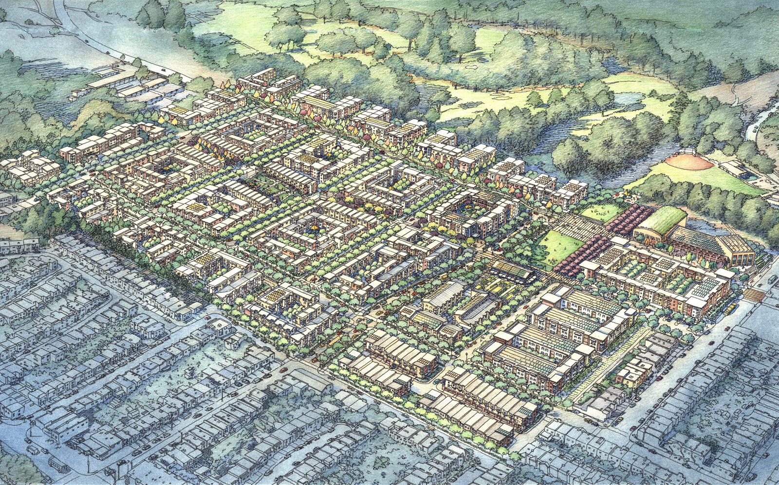 An aerial sketch of the redeveloped Sunnyvale plans (Van Meter Williams Pollack)