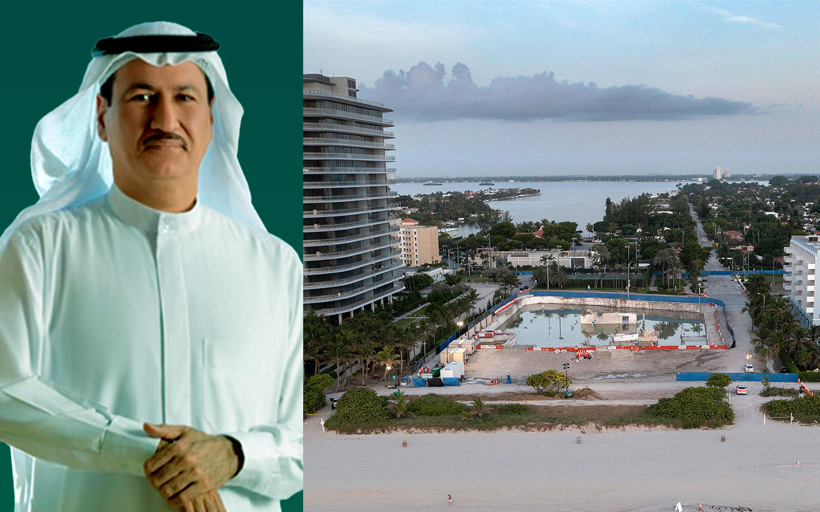 Damac Properties founder Hussain Sajwani and the Surfside collapse site (Damac, Getty)